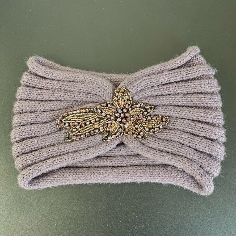 C.C Knit Ribbed Headband-Ear Warmer Floral Beaded Feminine Romantic Victorian